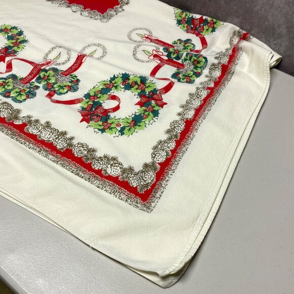 Vintage Christmas Tablecloth With Candles & Wreaths 56" x 48" Holiday Decor - Picture 2 of 13